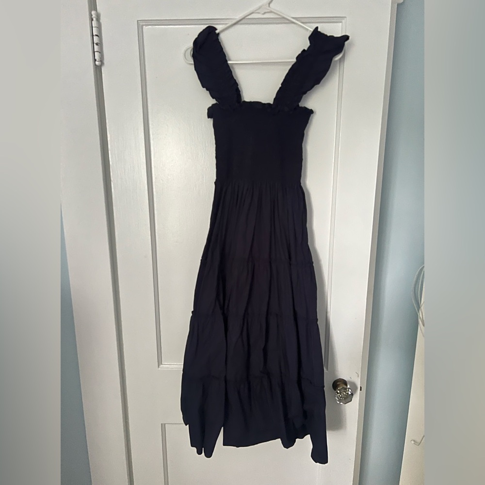 Quince Navy Smocked Maxi Dress with Ruffled Straps